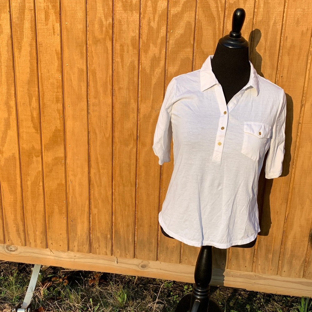 Emily Daniels White Short Sleeve Polo Tee - Size Large. Great summer basic